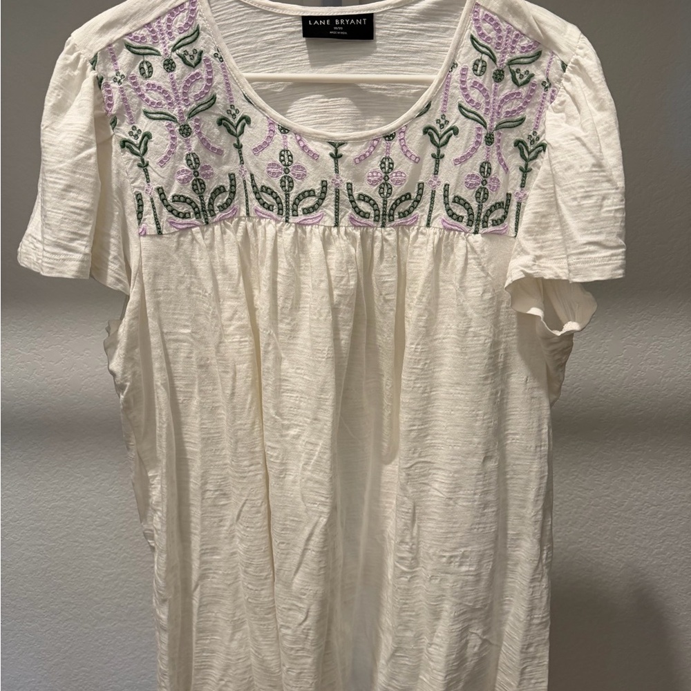 Lane Bryant Cream Top with Green and Purple Embroidery